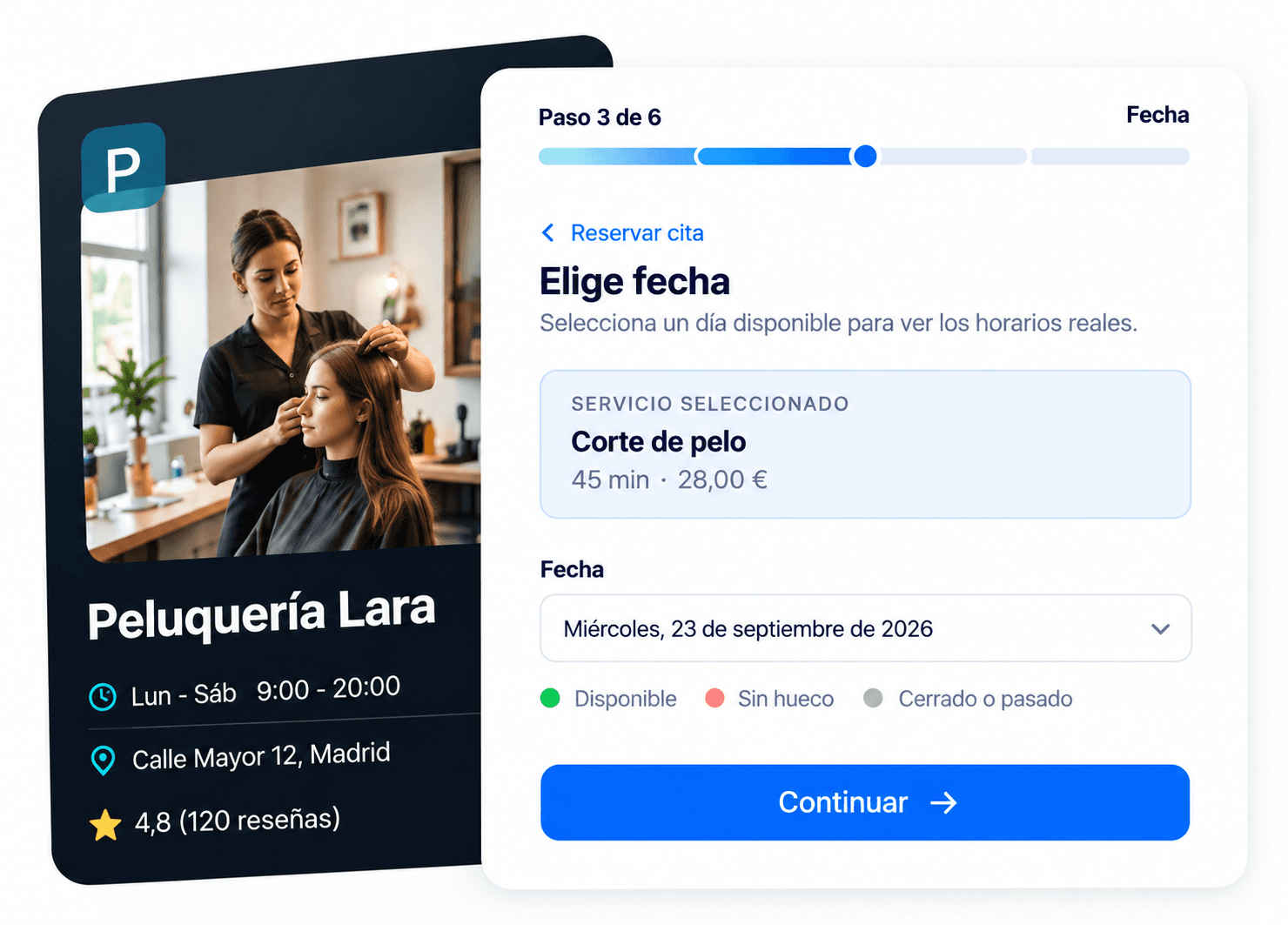 Ejemplo de página de una peluquería y el paso para elegir fecha en su reserva online de BKlayer